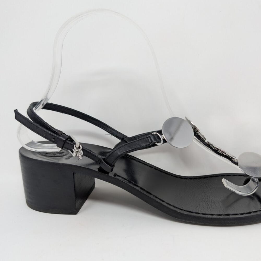 Tory Burch Black Leather Summer Sandals Silver Disc Heels Size 9 - Picture 14 of 16